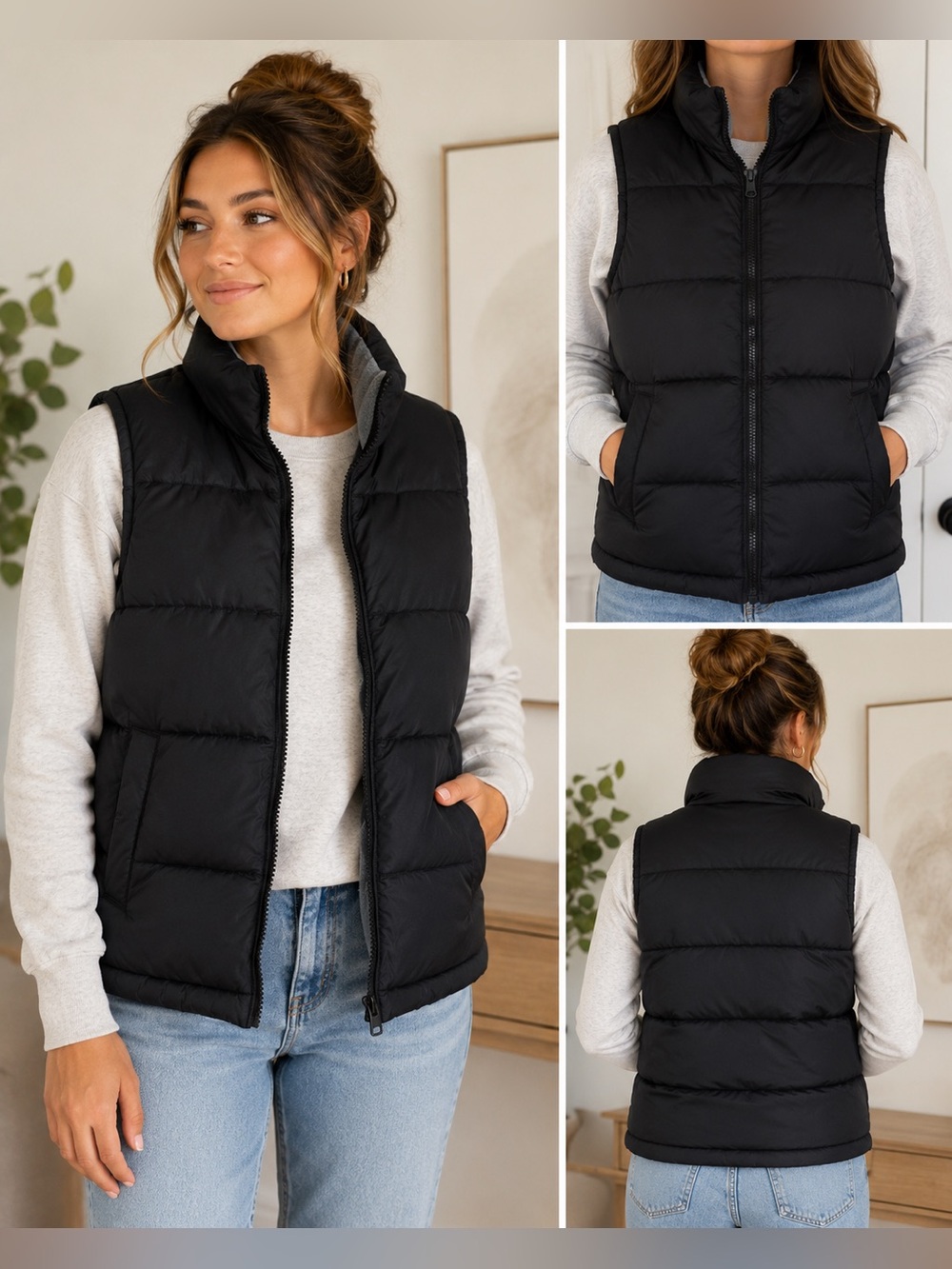 Old Navy Women’s Black Puffer Vest Size Medium Full Zip Fleece Lined